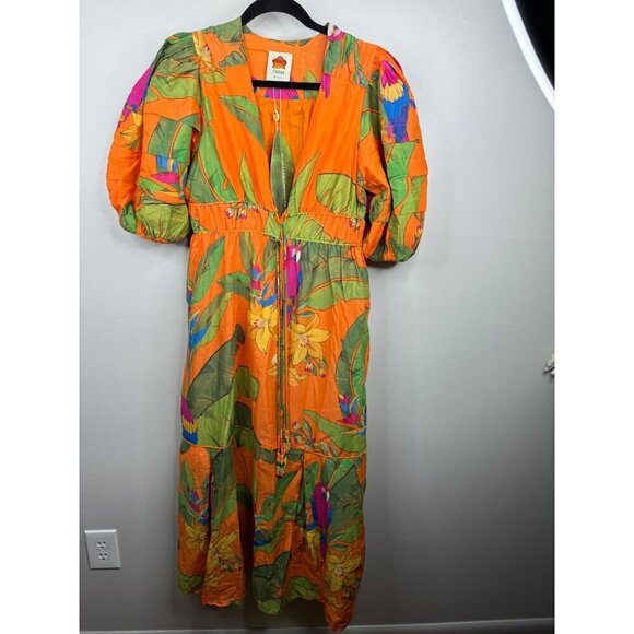 Anthropologie Farm Rio Orange Fresh Macaws Midi Dress Size XS $290 Colorful - Picture 5 of 6